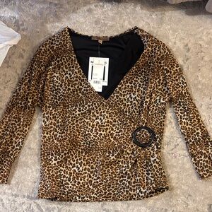 Nina Leonard Leopard Print Wrap Blouse